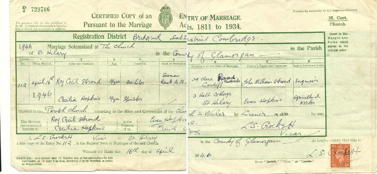 Marriage Certificate Cecilia Hopkin St Hilary Vale of Glamorgan